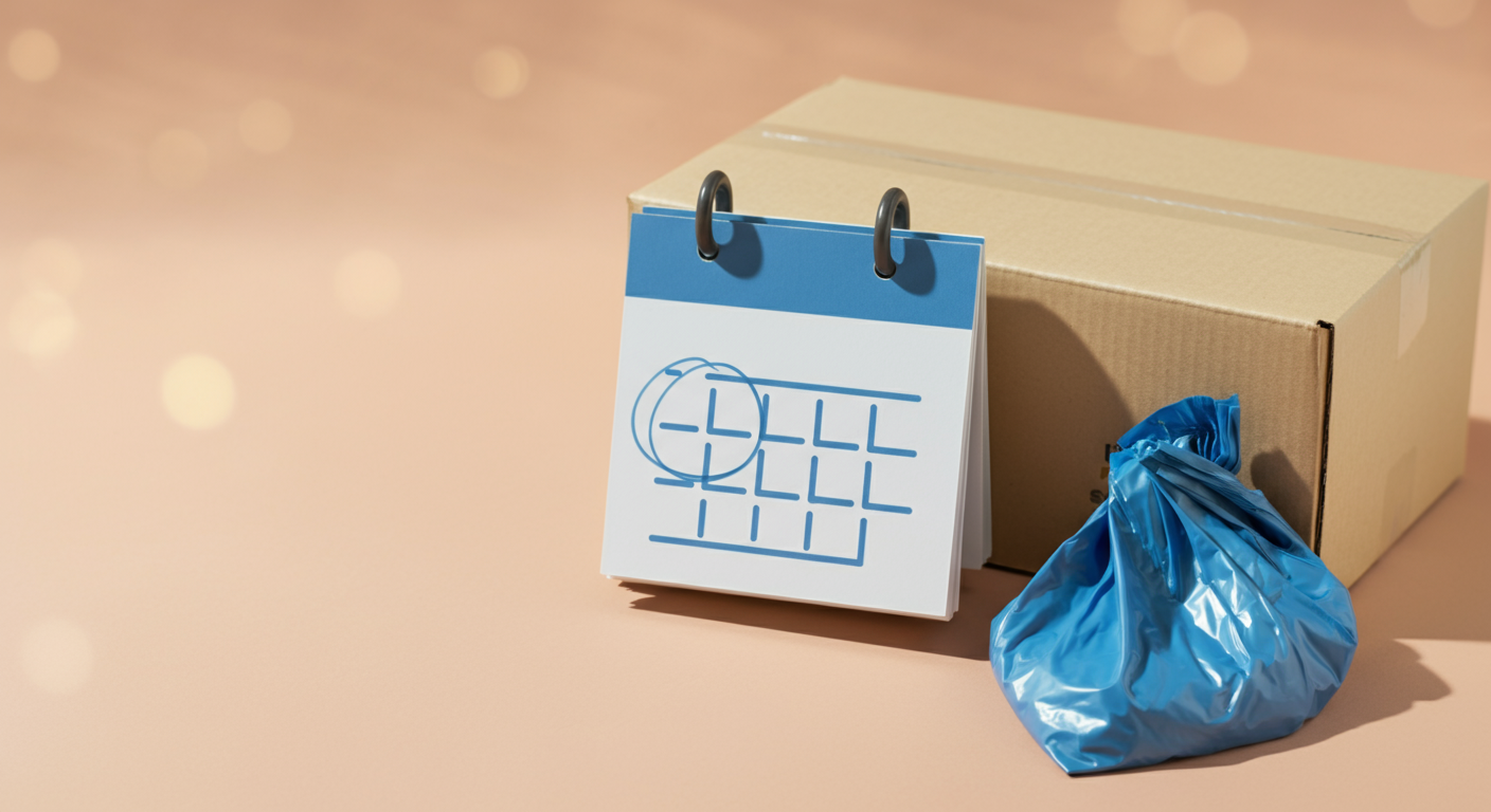 定期配送を象徴するカレンダーのアイコンと、届いたばかりのうんち袋の箱が並べられているミニマルな写真。