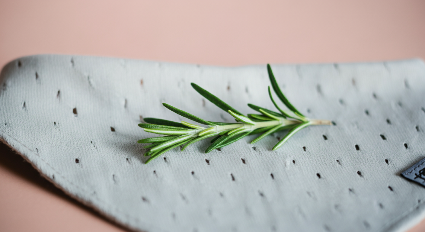 通気性の良い犬用バンダナの生地のクローズアップ。上にローズマリーの小枝が一本置かれている。