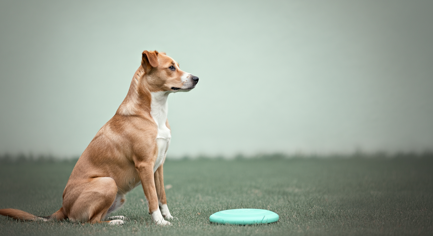 目の前に置かれたミントグリーンのフリスビーを前に、「待て」の指示でじっと座っている犬の真剣な横顔。