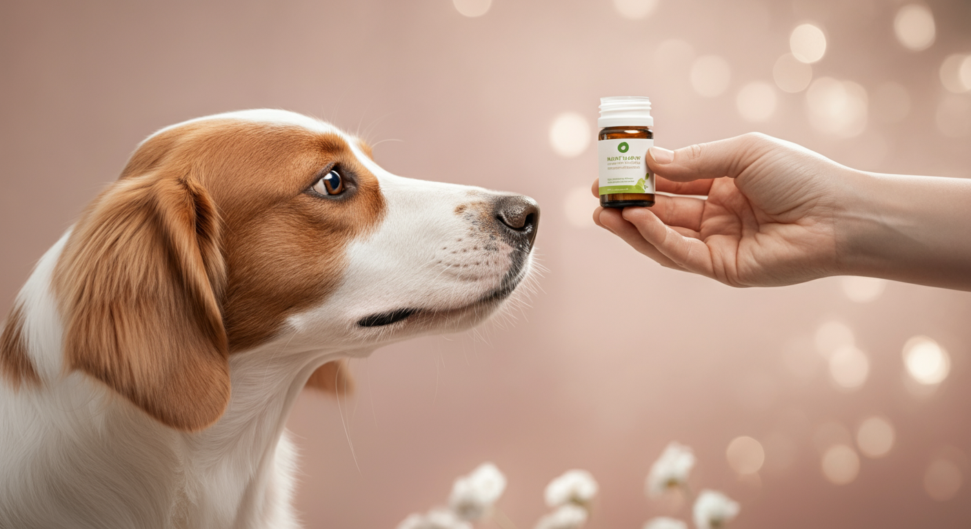 飼い主が手のひらに乗せたハーブサプリメントを犬に優しく与えようとしている写真。