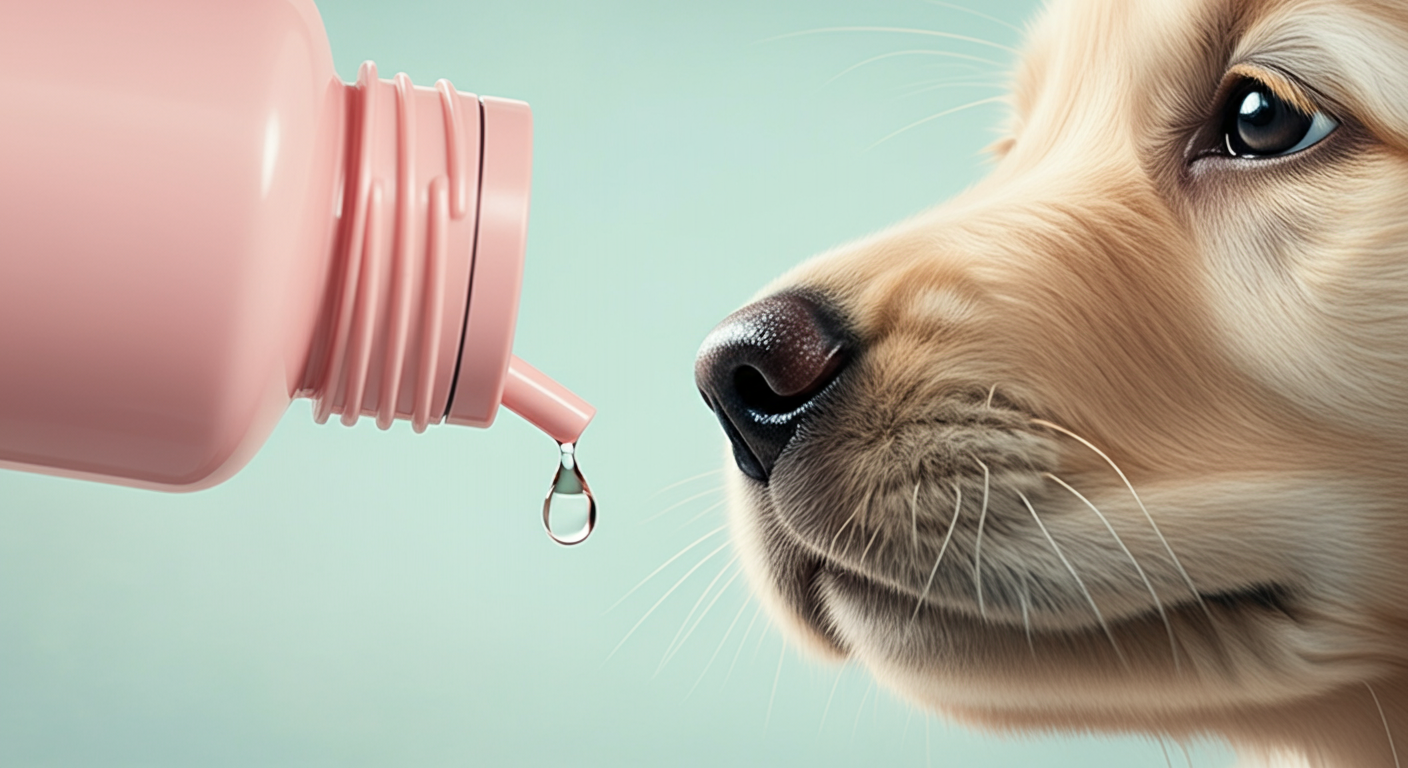 パステルカラーの給水ボトルの先端から水滴が落ちる瞬間と、それを待つ子犬の鼻先のクローズアップ。