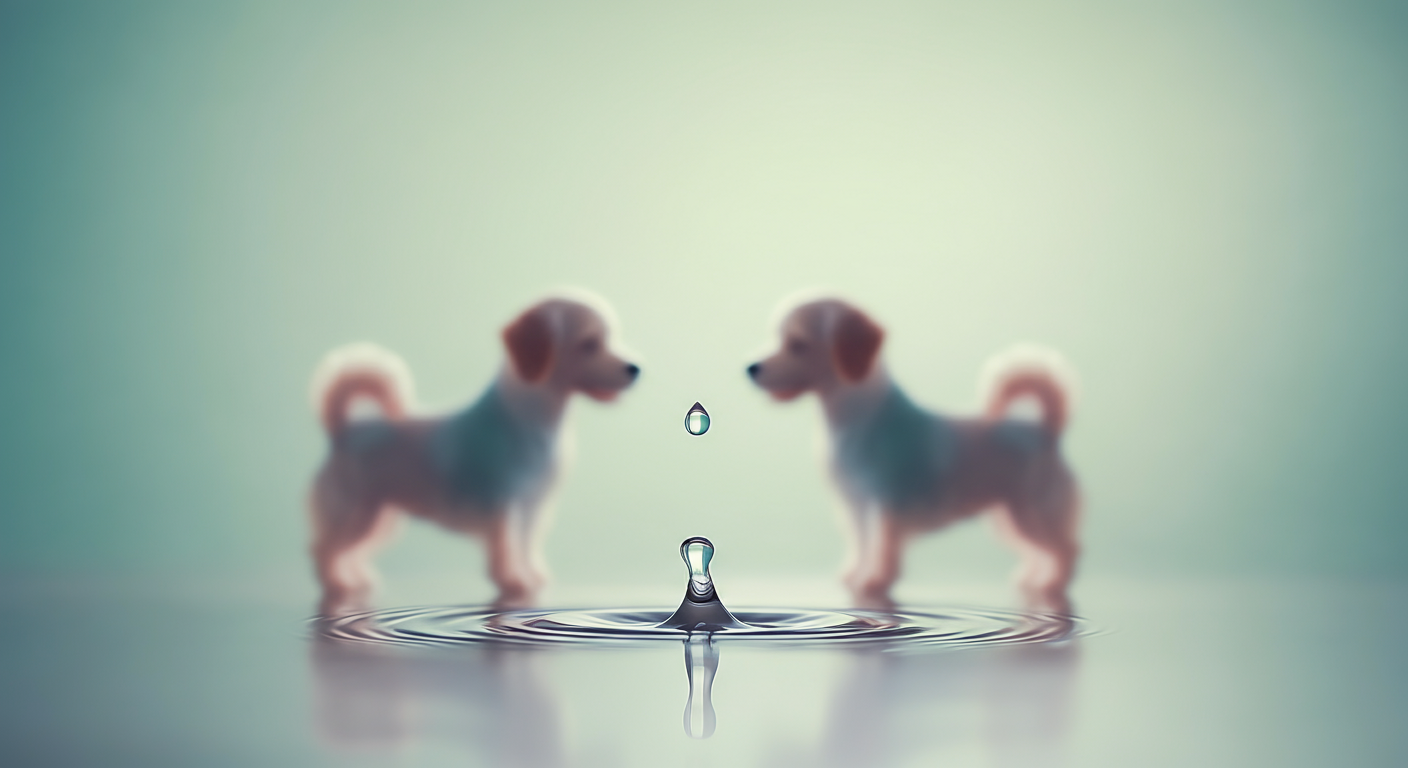 2匹の犬が交流しているぼやけた様子の抽象的な写真。犬たちの間に水滴が跳ねており、予期せぬアクシデントを象徴している。