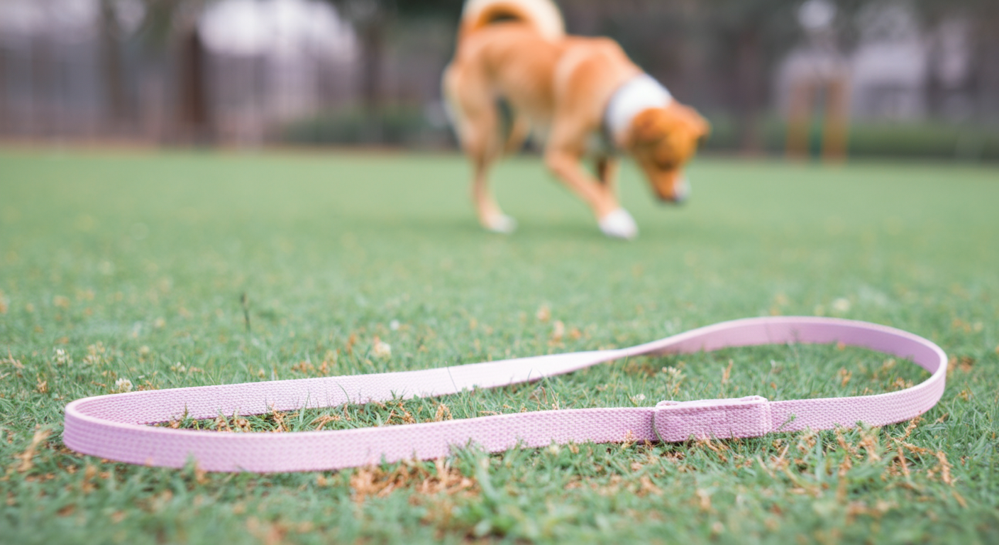 静かなドッグランの芝生の上に、パステルカラーのロングリードが美しい曲線を描いている。奥には一匹の犬がぼんやりと写っている。