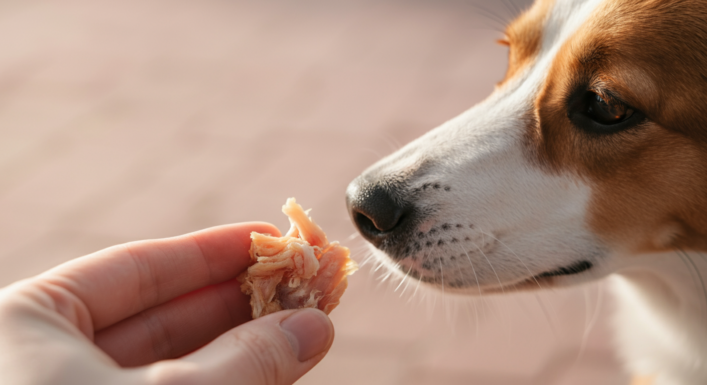 フリーズドライのささみなど、特別な犬用おやつを犬が興味深そうに匂いを嗅いでいる様子