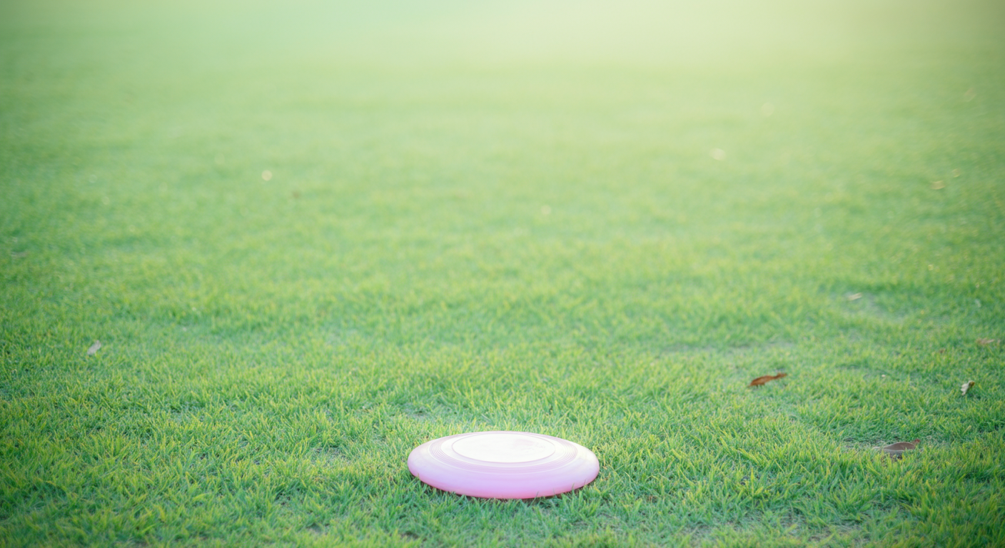 早朝の誰もいない広大なドッグランの中央に置かれた一つのフリスビー
