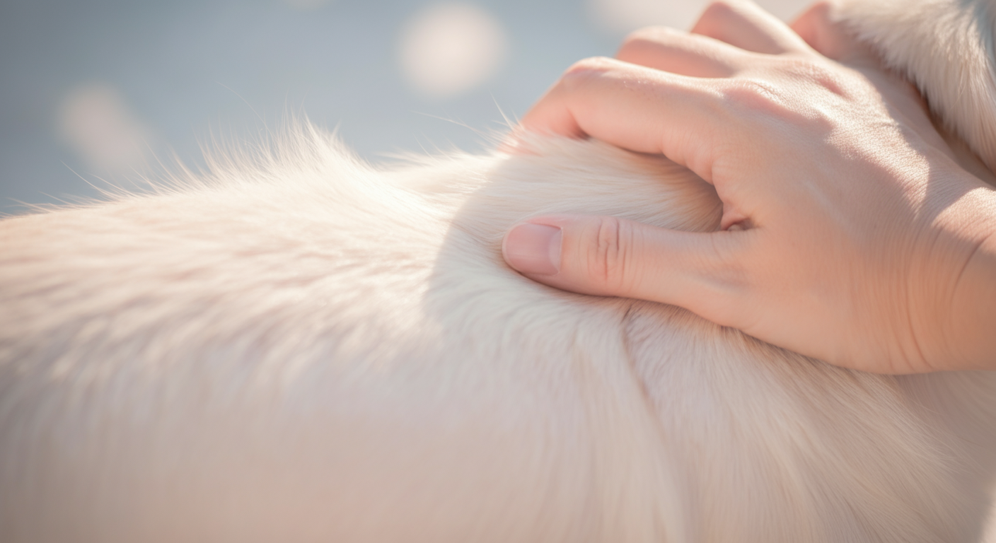 犬の背中を優しく撫でている人間の手。被毛の健康的な輝きが強調されている。