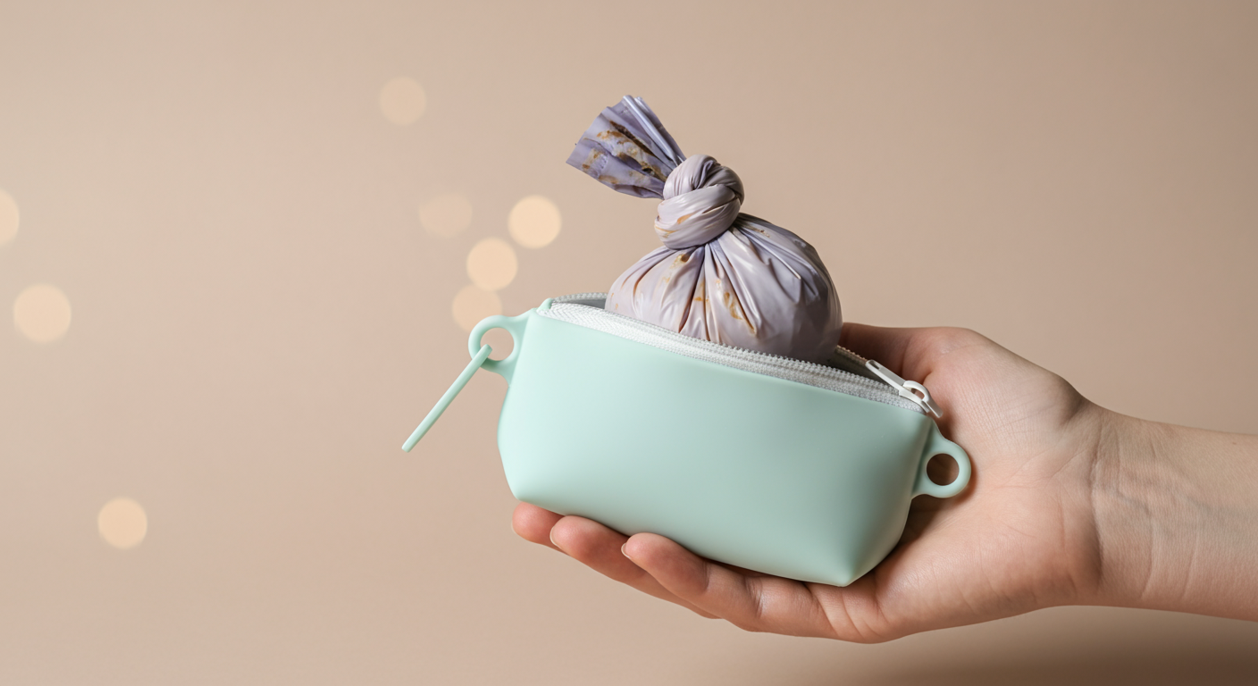 使用済みのうんち袋が、清潔なジッパー付きポーチにきちんと収められている様子。