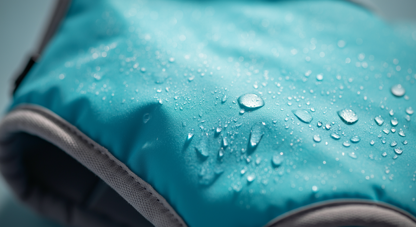 犬用のクールベストの生地のクローズアップ。生地についた水滴が光っている。