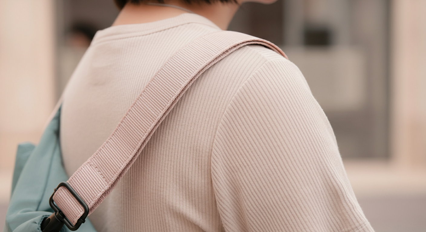 幅が広くクッション性のあるショルダーストラップのクローズアップ。重い荷物も快適に運べることを示唆している。
