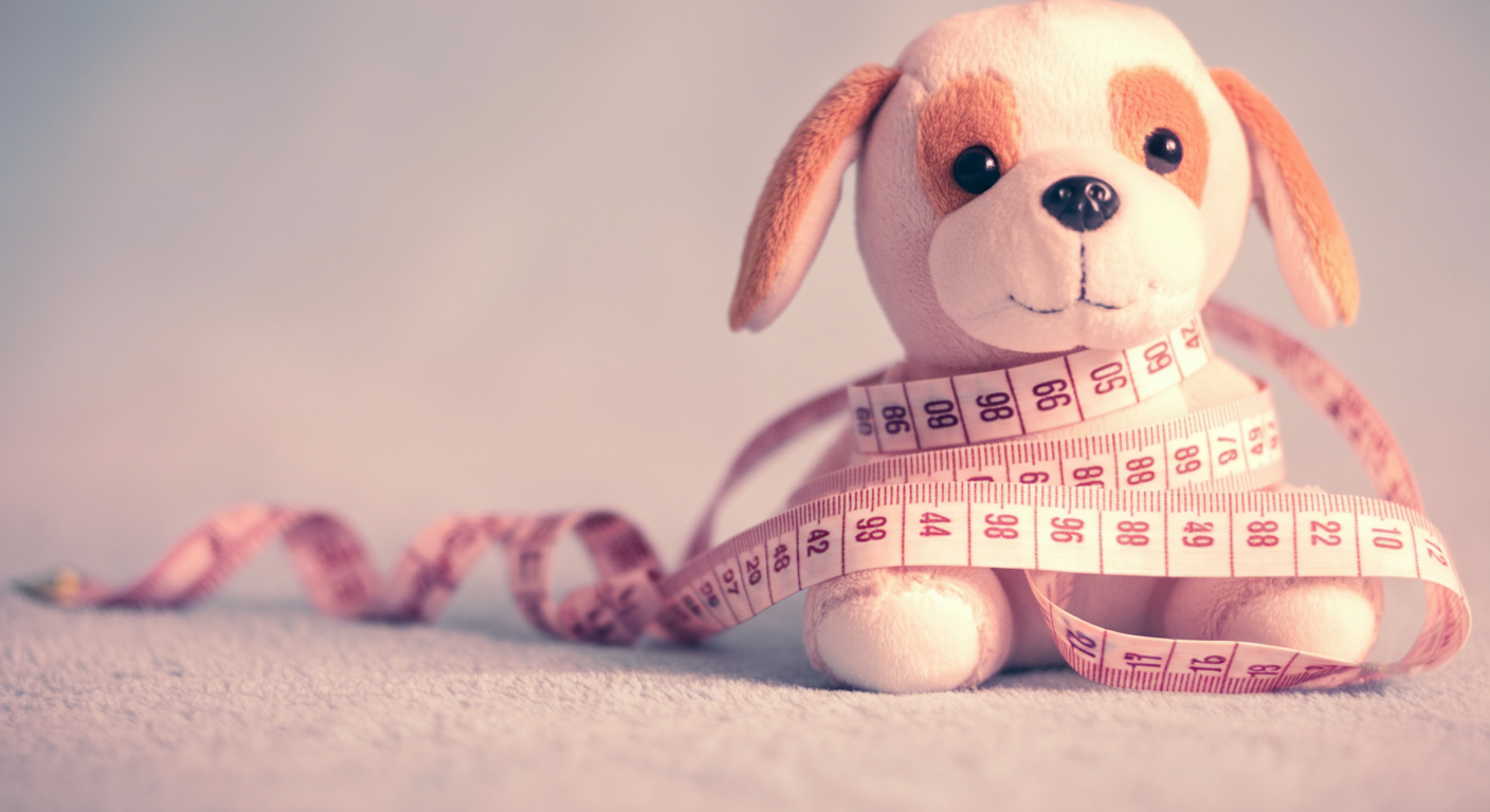 犬のぬいぐるみに優しく巻き付けられたパステルカラーのメジャーの抽象的な写真。