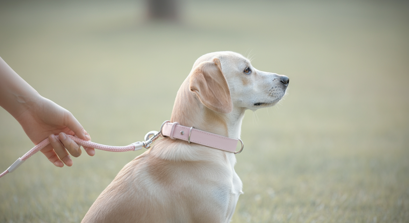 飼い主が犬の首輪を優しく持ち、芝生の上で落ち着かせようとしている様子。