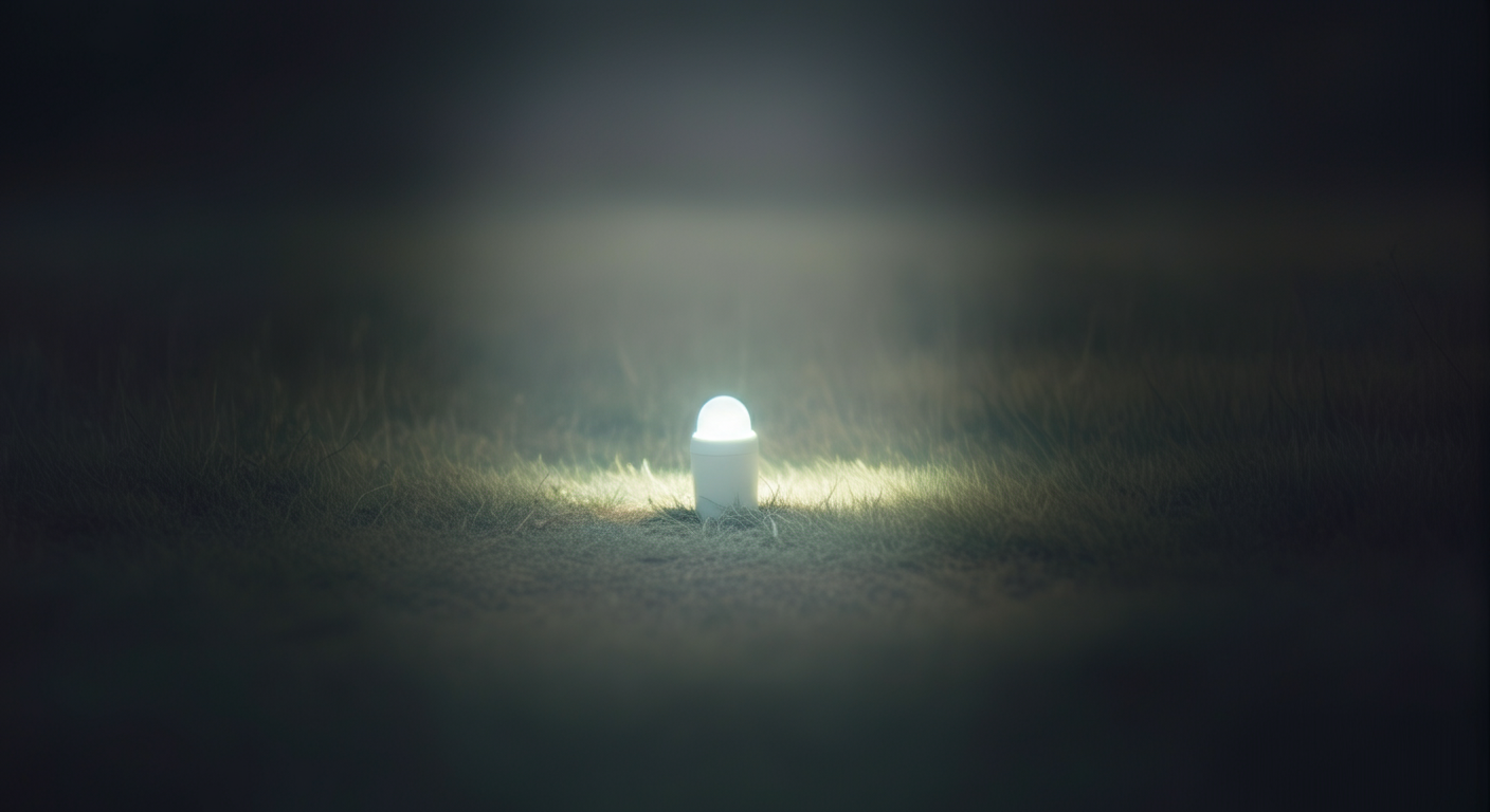 広大で暗くぼやけた野原の中に、ぽつんと一つだけ柔らかい光の点がある。ライトのおかげで見つかった犬を象徴している。