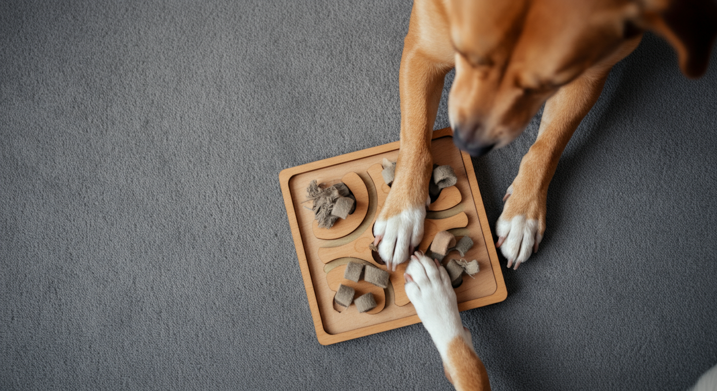 木製の知育トイに前足をかけて、熱心に遊んでいる犬の足元のクローズアップ。
