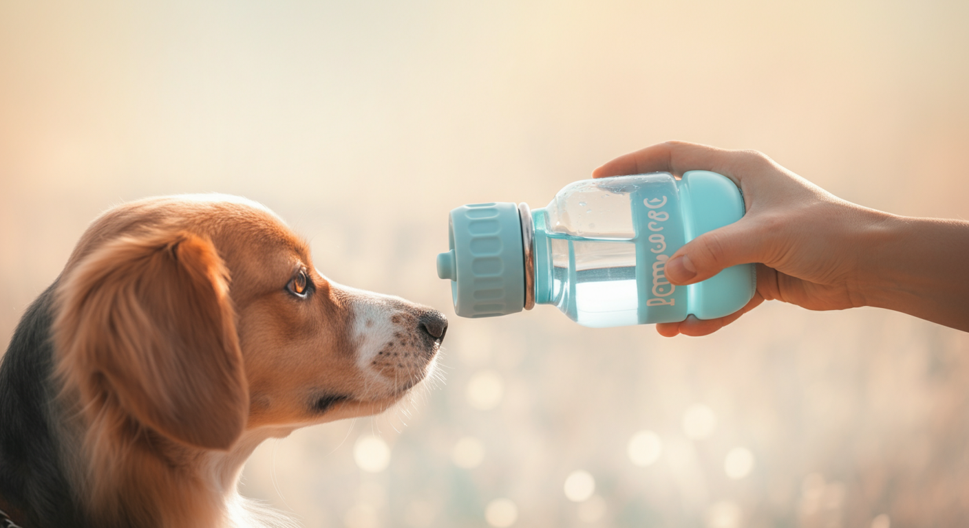 飼い主が犬用給水ボトルを差し出している。犬のシルエットが手前にあり、逆光で美しい。