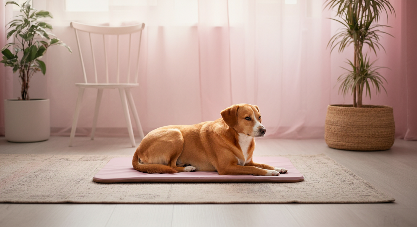 リビングに敷かれた小さなマットの上で、一匹の犬がリラックスして伏せている写真。