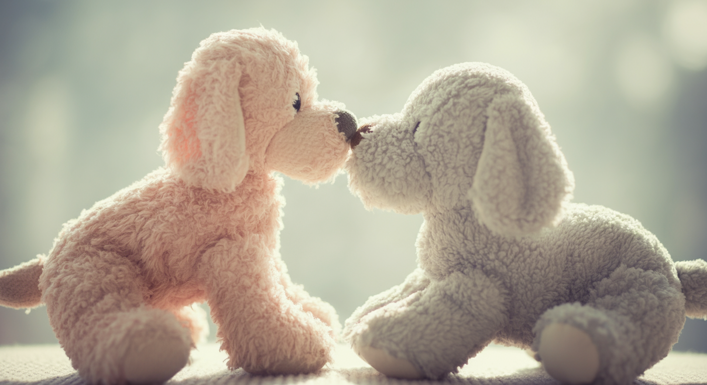 2つの犬用ぬいぐるみが優しく触れ合っており、安全な遊びを象徴している。