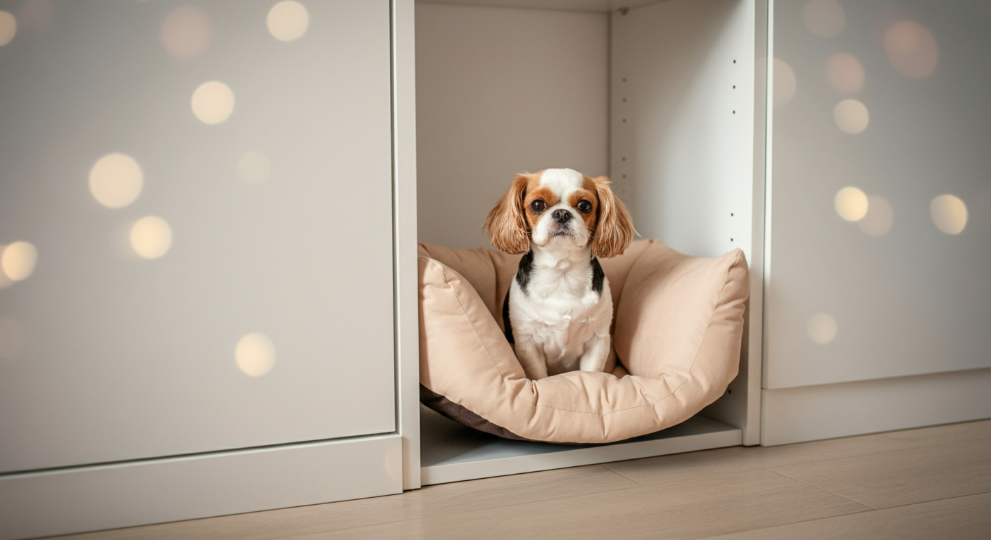 本棚と壁のわずかな隙間に、折りたたまれた犬用の椅子がスマートに収納されている様子。