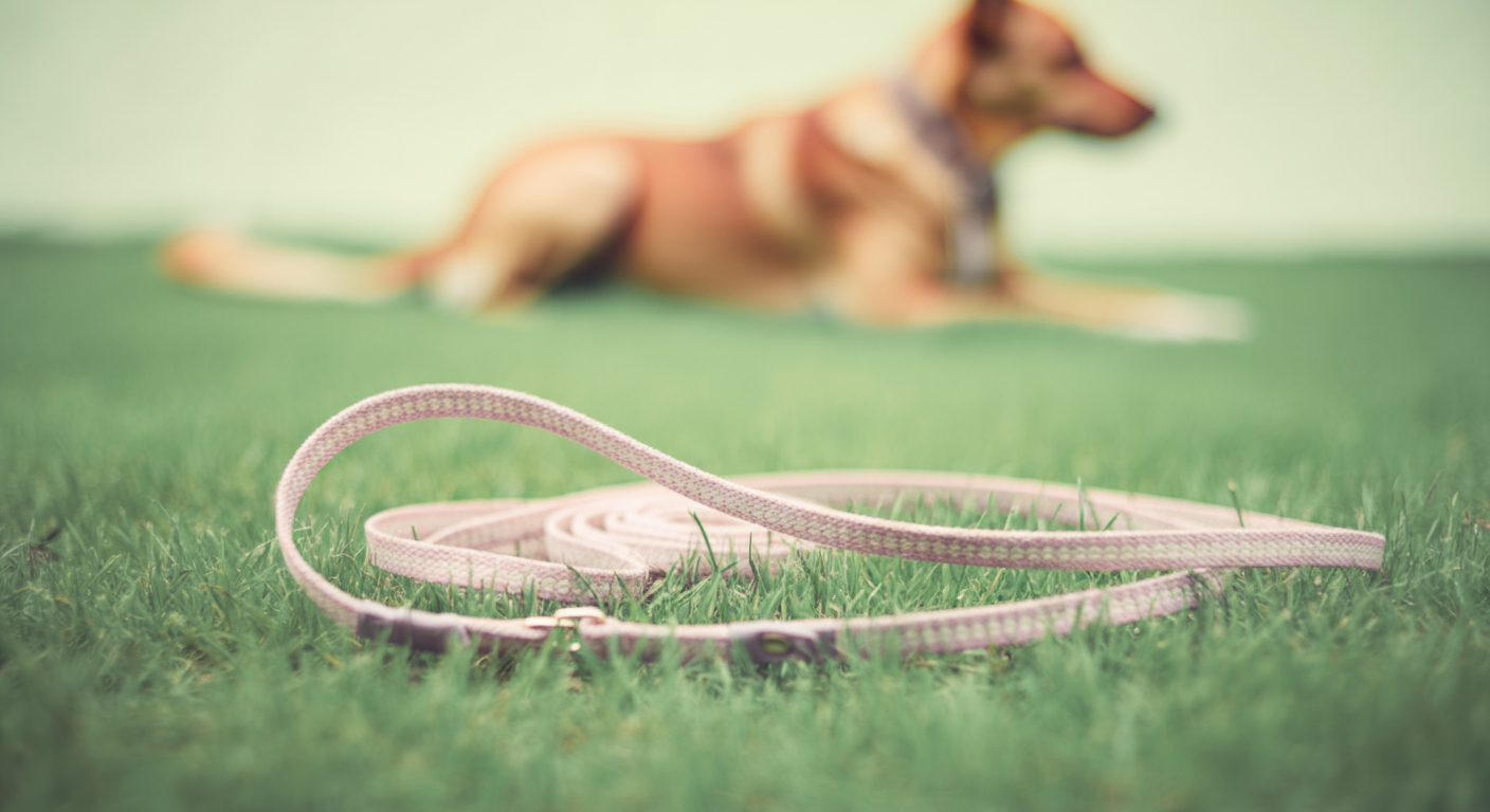緑の芝生の上に、パステルカラーのロングリードが置かれている写真。