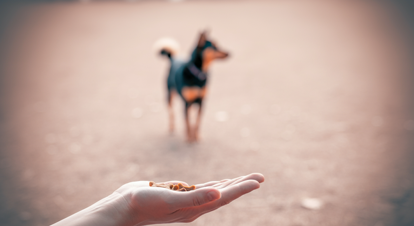 おやつが無くなったことを見せる、飼い主の開いた手のひら
