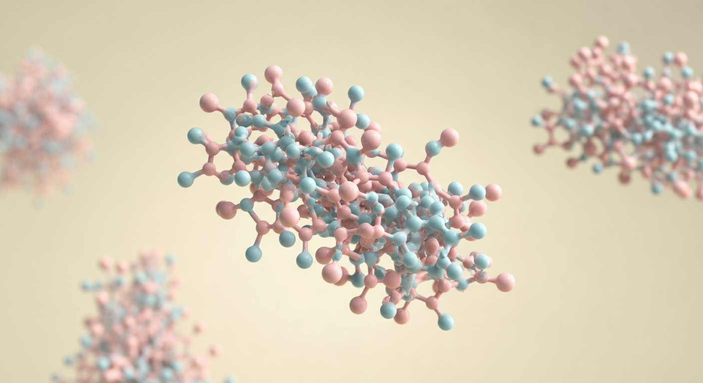 パステルカラーの背景に浮かぶ、酵素の分子構造をイメージした抽象的な光の球体。