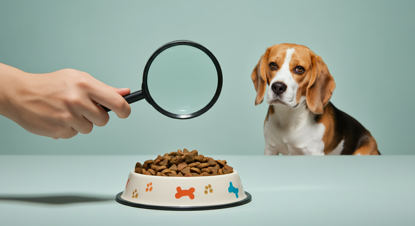 犬用フードが入ったボウルの上に虫眼鏡がかざされ、原材料を注意深く調べている様子を象徴する写真。