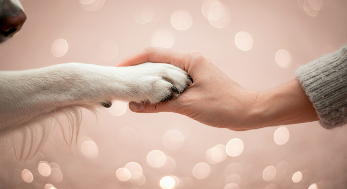 飼い主が犬の足を優しく手に取っているクローズアップ写真。穏やかで信頼に満ちた雰囲気を醸し出している。