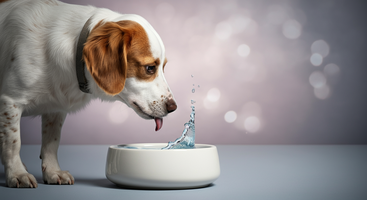 清潔なボウルから水を飲んでいる犬。水分補給と回復をイメージさせる、パステルカラーのミニマルな写真。