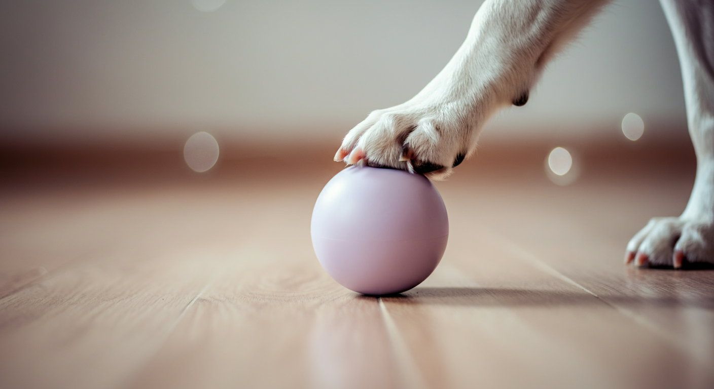 犬の前足が、床に置かれたパステルカラーのボールにそっと触れているクローズアップ写真。遊びの第一歩を象徴している。