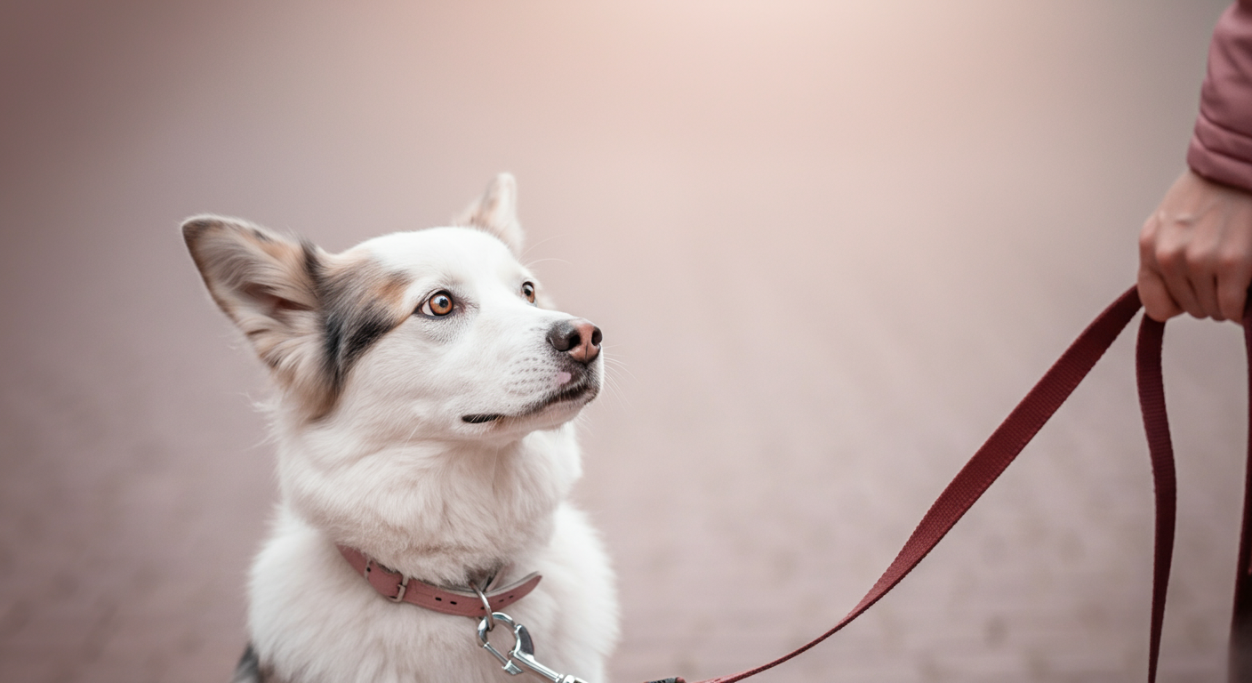 犬が飼い主とアイコンタクトをしている。飼い主が持つリードは優しくたるんでおり、信頼関係を示している。
