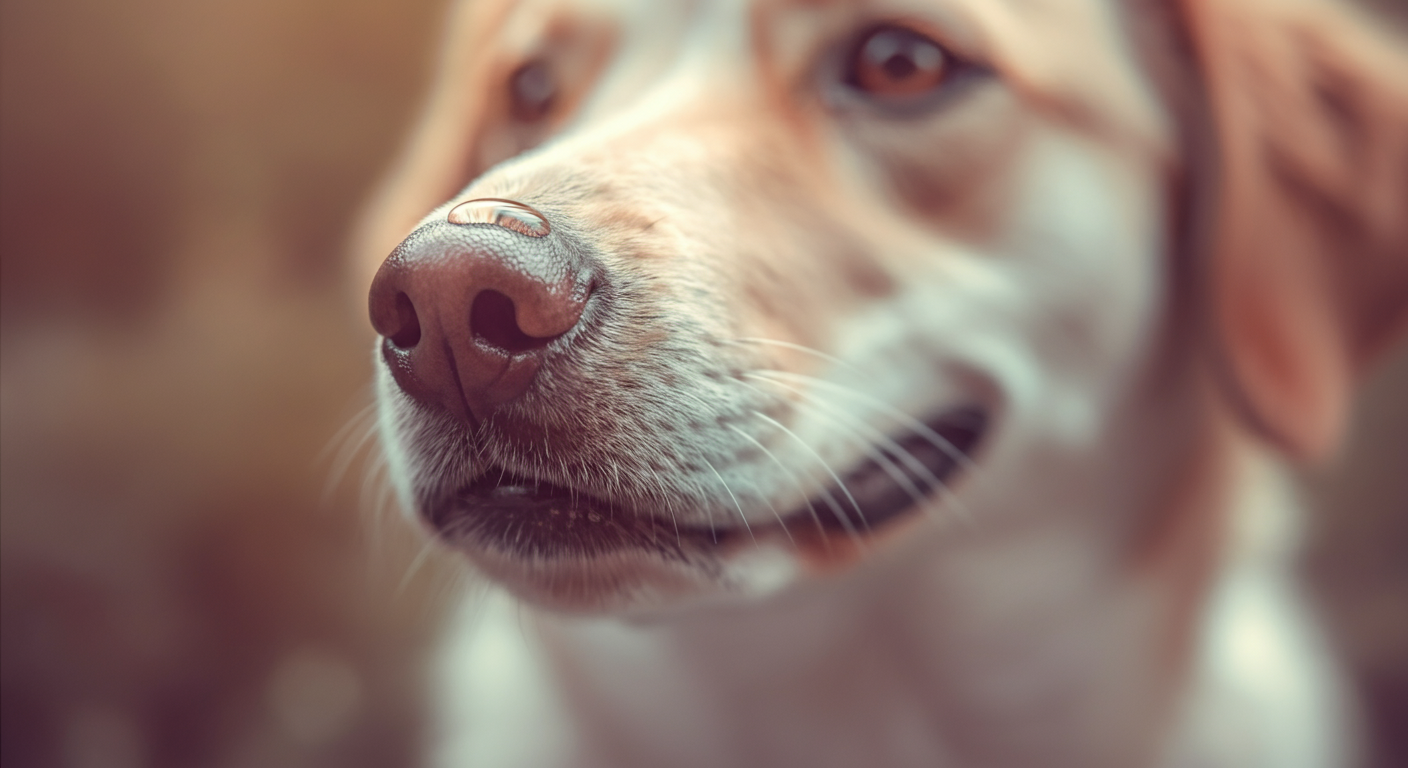 パステルカラーの柔らかな光の中で、犬の濡れた鼻がクローズアップで撮影されている。健康を象徴する抽象的な写真。