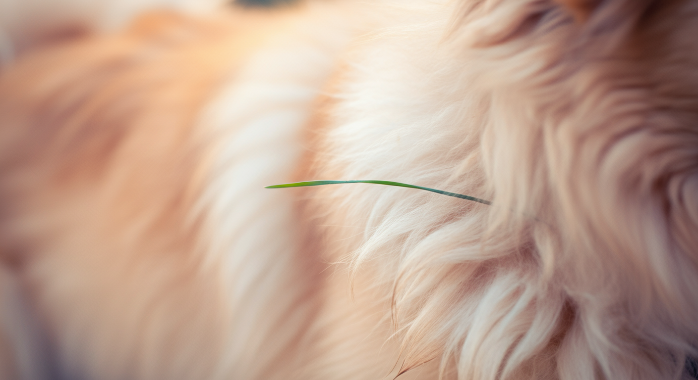 パステルカラーの背景に、犬の明るい色の毛に付着した泥と草の葉のクローズアップ写真。