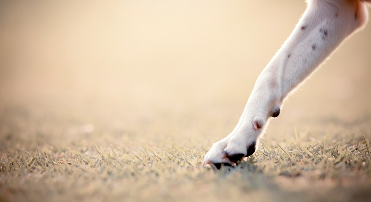 芝生の上を緩やかなカーブを描いて歩く一匹の犬の足元のアップ。