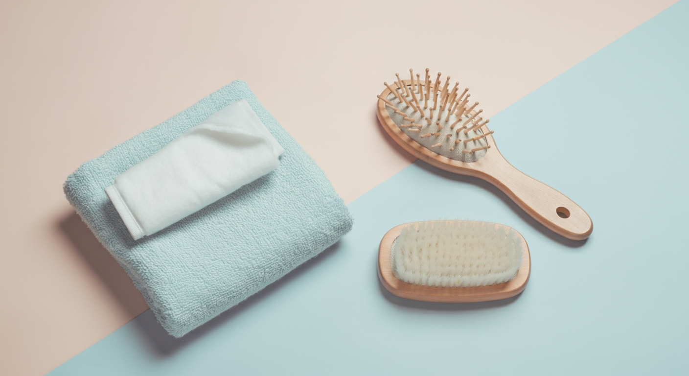 パステルカラーのミニマルな背景に、犬用のタオル、ウェットティッシュ、木製のブラシが整然と並べられている写真。