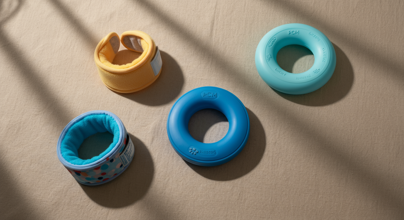 パステルカラーの背景に、3種類の犬用クールネック(布製、ジェルタイプ、リングタイプ)がミニマルに並べられている。