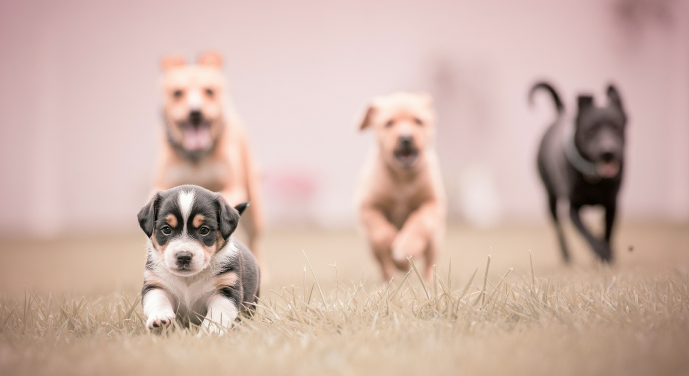 芝生の上にいる小さな子犬を低いアングルから撮影した写真。背景では大きな犬たちがぼやけて走り回っており、サイズ感と危険性を表現している。