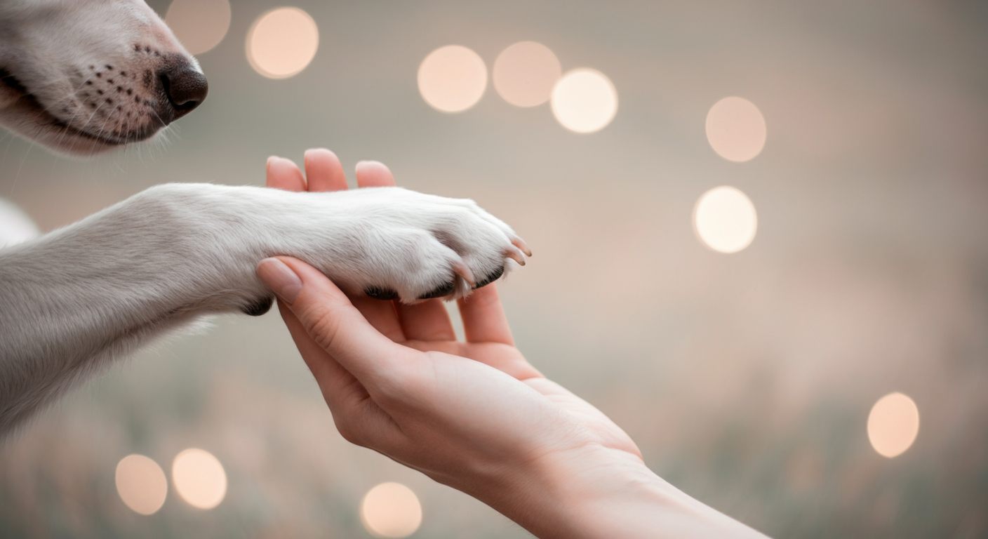 信頼と絆を象徴する、人の手が優しく犬の前足を握っているクローズアップ写真。