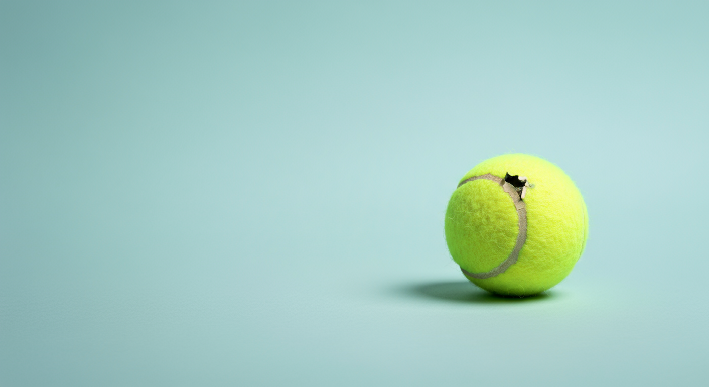 パステルブルーの背景に置かれた、少しだけ表面が裂けたテニスボールのミニマルな写真。