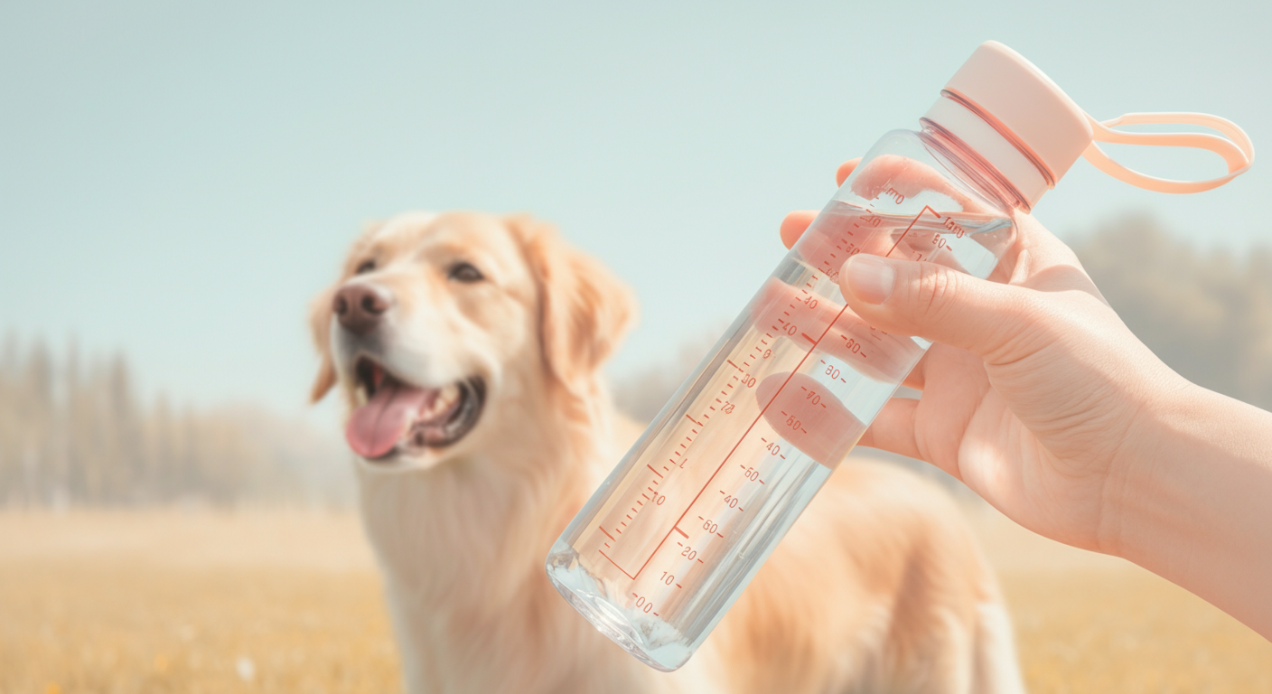 目盛りがついたクリアな給水ボトルと、背景にぼやけて見える犬のシルエット
