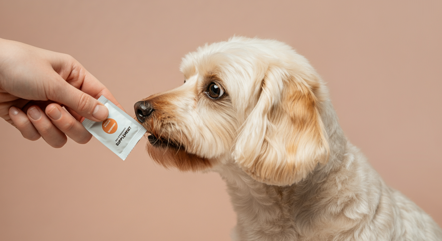 飼い主の手からおやつタイプのサプリをもらう犬