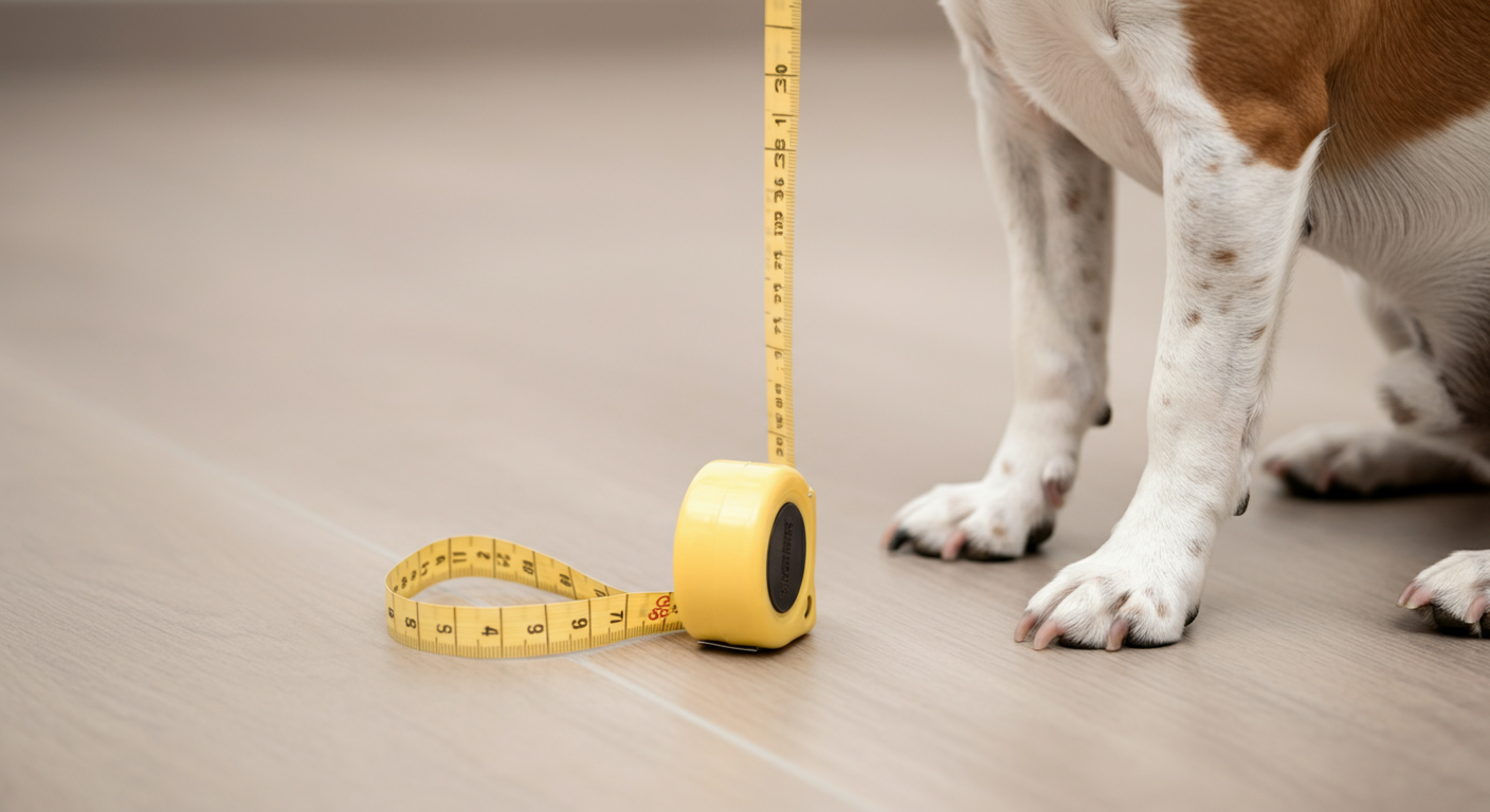 きれいな床の上に置かれたパステルイエローのメジャーと、その横に並んだ小さな犬の足先。