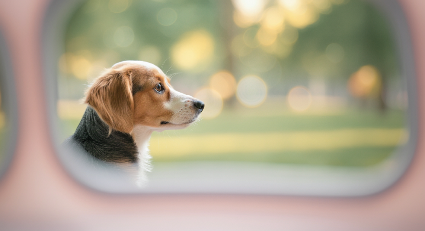 パステルカラーのクレートの中から外を見た視点。落ち着いた一匹の犬が座っており、メッシュのドア越しに公園の風景が美しいボケとして見える。