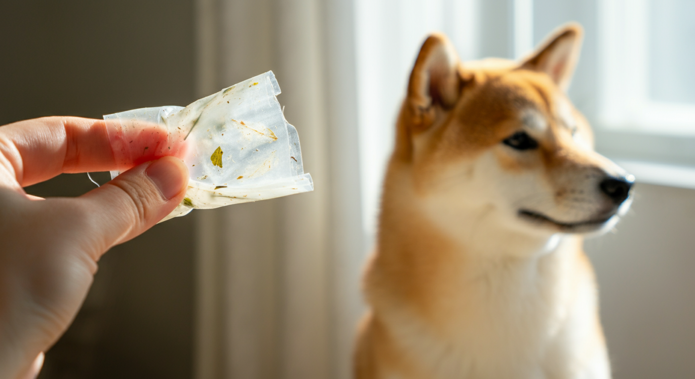 朝日の中で透けて見えるエコなうんち袋と、窓の外を眺める柴犬。