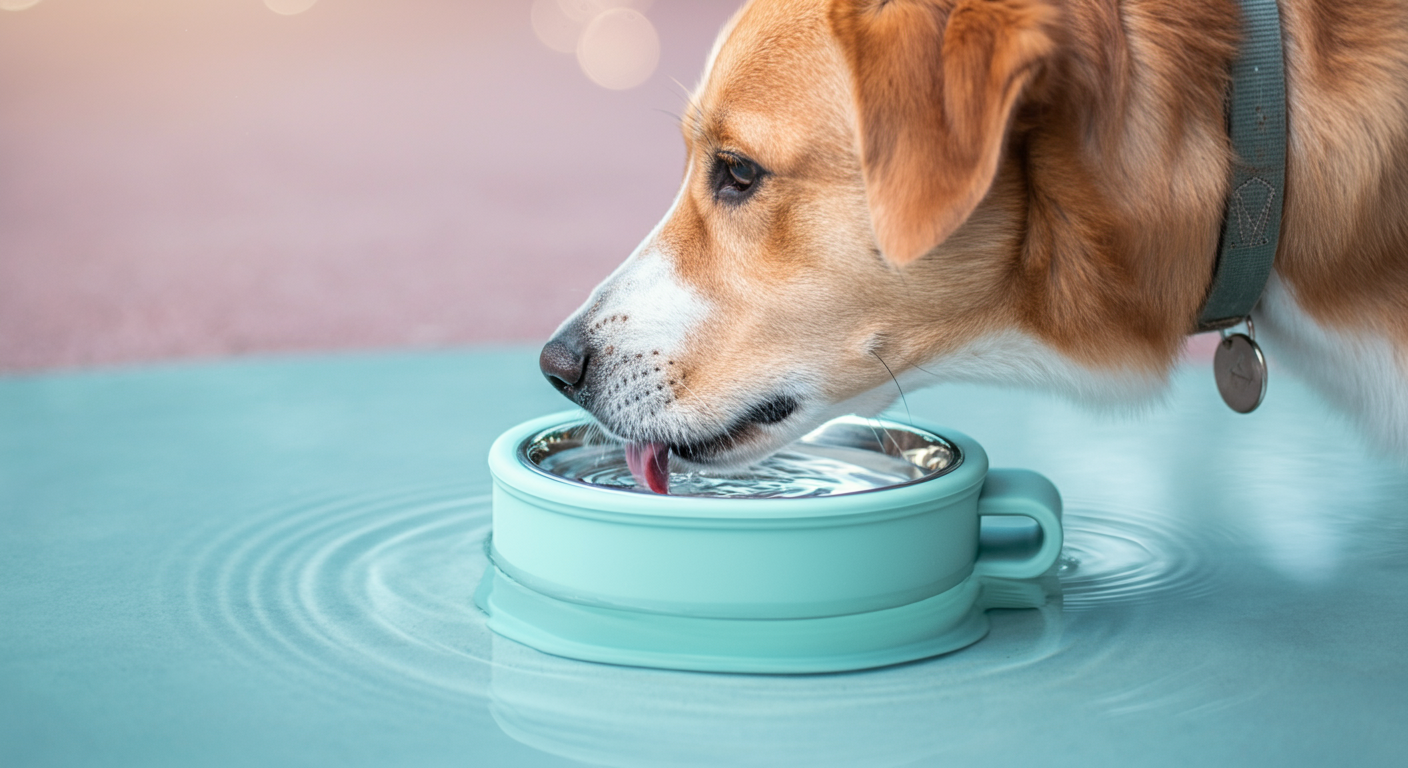 パステルカラーの携帯用ボウルから静かに水を飲む一匹の犬の口元。