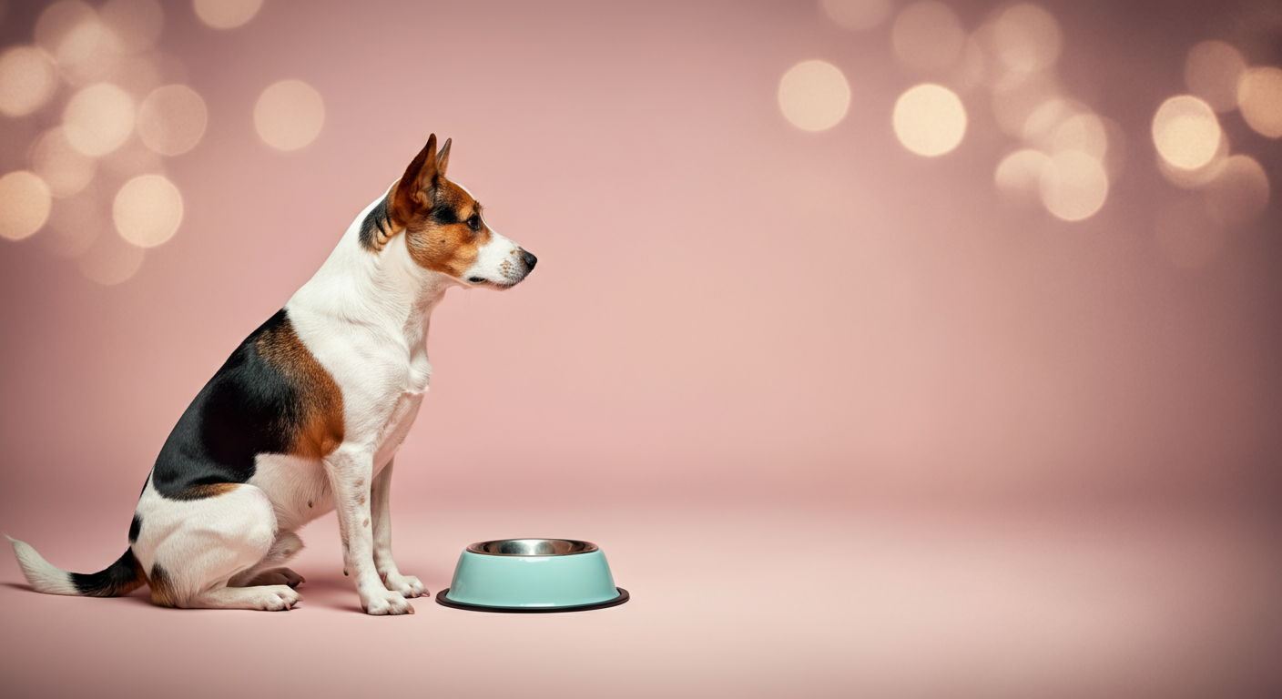 フードボウルの横で얌전히座っている犬の横顔