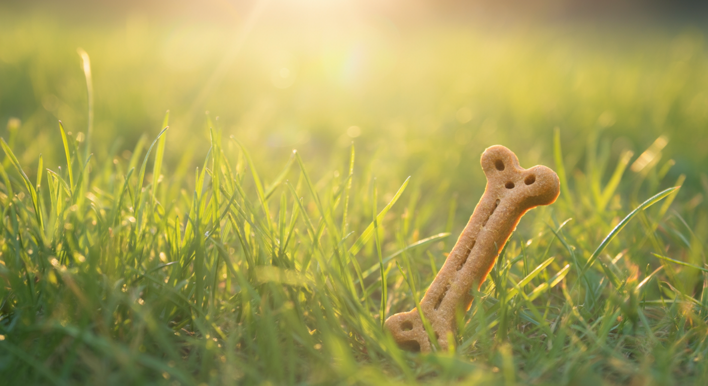 緑の芝生の中に隠された小さなおやつのマクロ写真。太陽の光が差し込み、キラキラと輝いている。