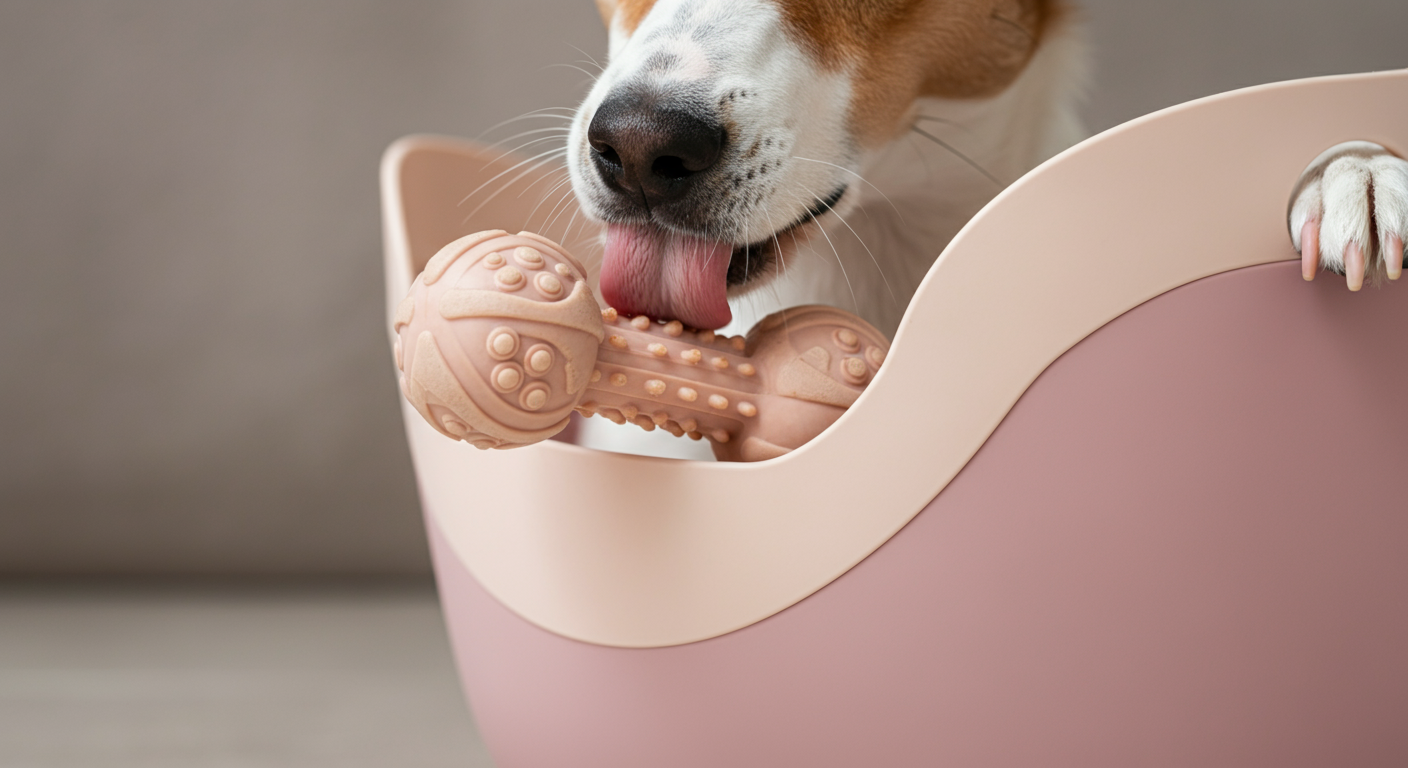 クレートの中で、一匹の犬が夢中になって知育トイを舐めている様子のマクロ撮影。