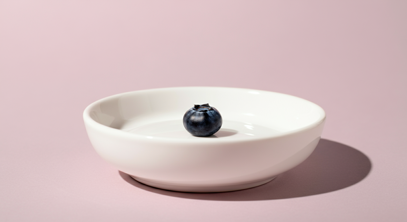 白いボウルの中央に置かれた一粒のブルーベリー。抗酸化成分を象徴している。