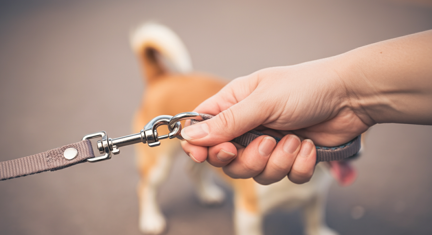 犬のリードを持つ人の手。背景には楽しそうに揺れる犬の尻尾がぼやけて写っている。