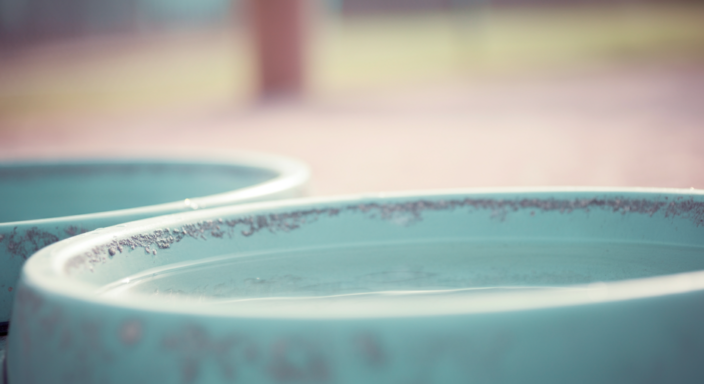 ドッグランに置かれた共用の水飲みボウルの縁を写した、背景がぼけている衛生問題を喚起させる抽象的な写真。