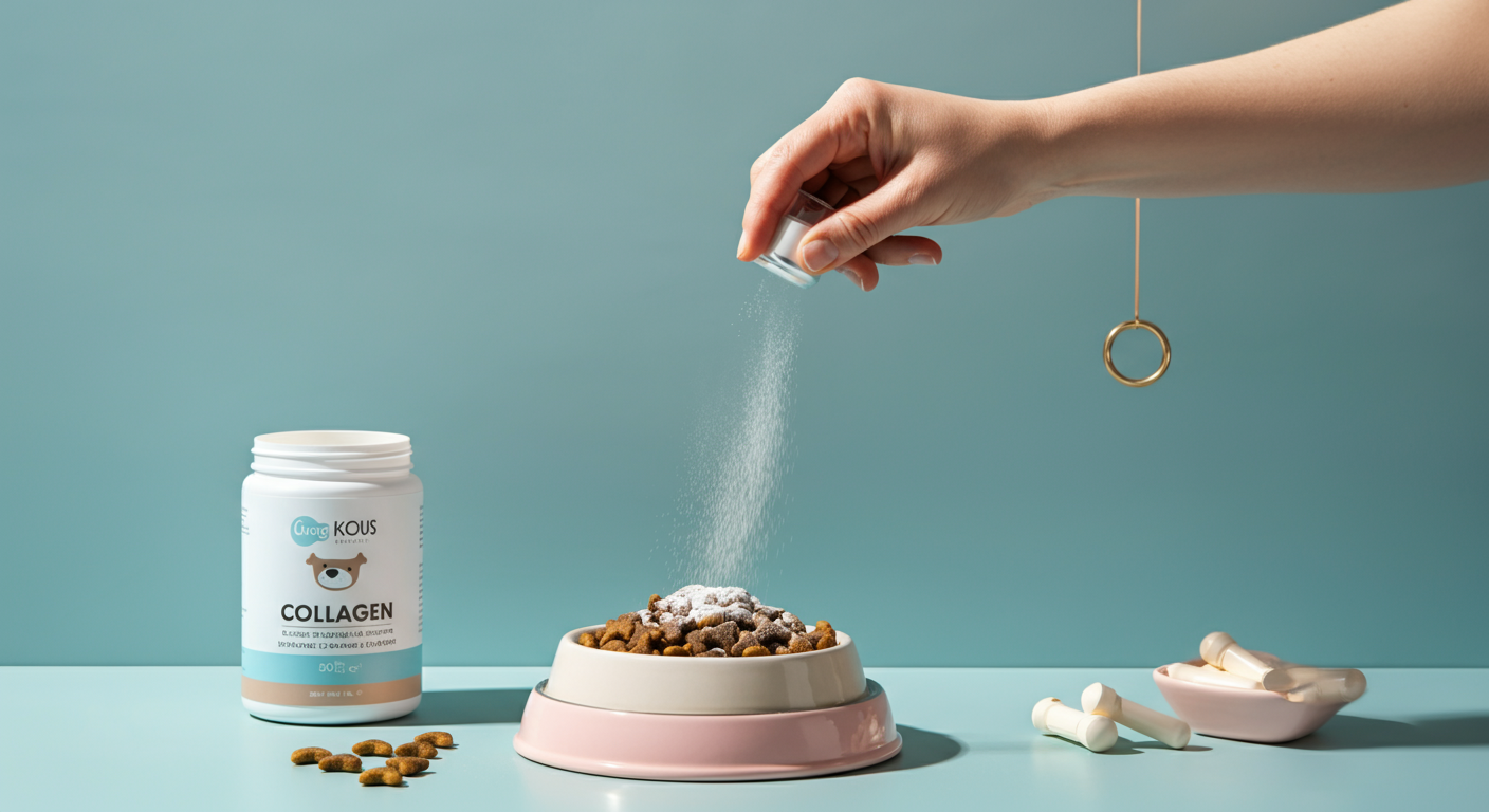 犬のフードボウルに、人がコラーゲンパウダーを振りかけている様子。ミニマルで清潔感のある背景。